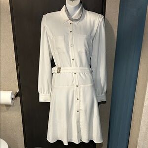 Karl Lagerfeld White Long Sleeve Belted Dress